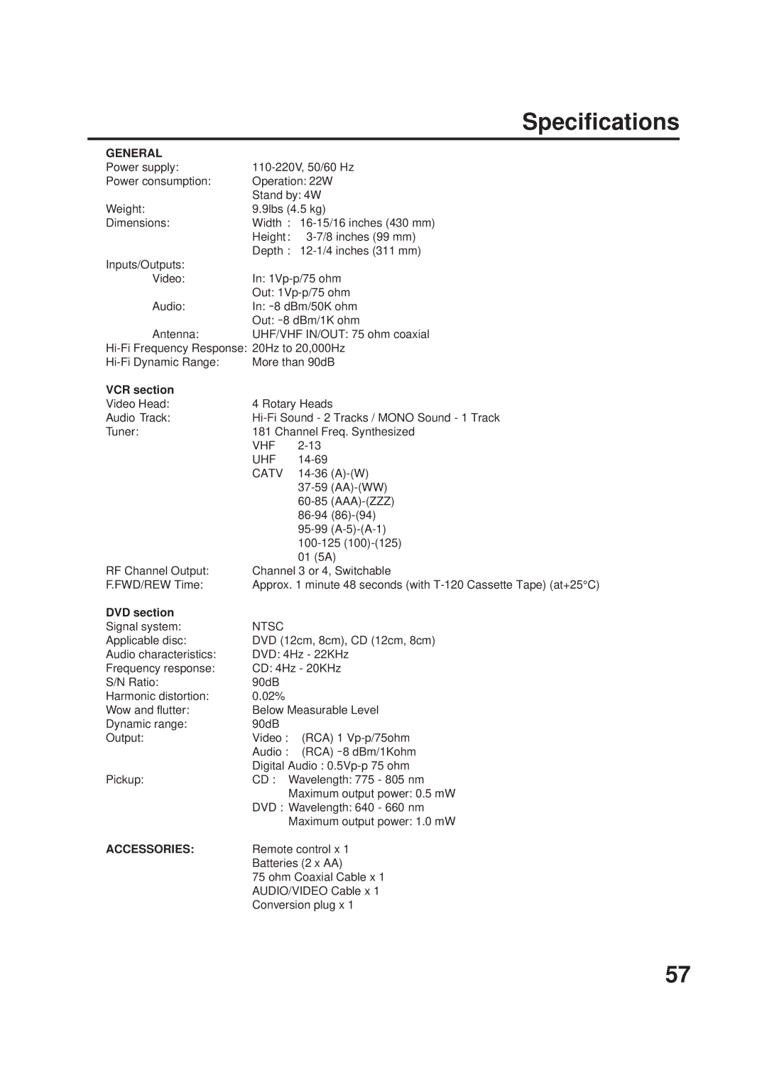 JVC Model HR-XVC1UJ manual Specifications, General, VCR section, DVD section, Accessories 