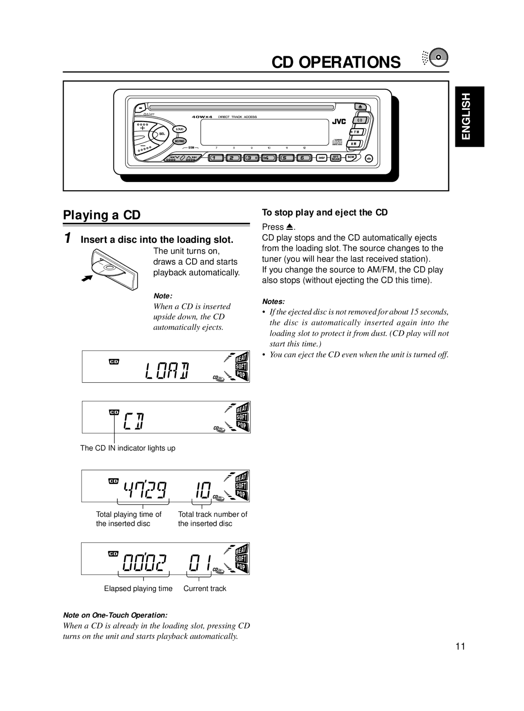 JVC Model KD-S576 manual CD Operations, Playing a CD, To stop play and eject the CD, Insert a disc into the loading slot 