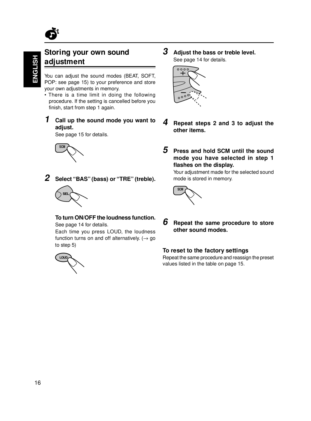 JVC Model KD-S576 manual Storing your own sound, Adjustment, To reset to the factory settings 