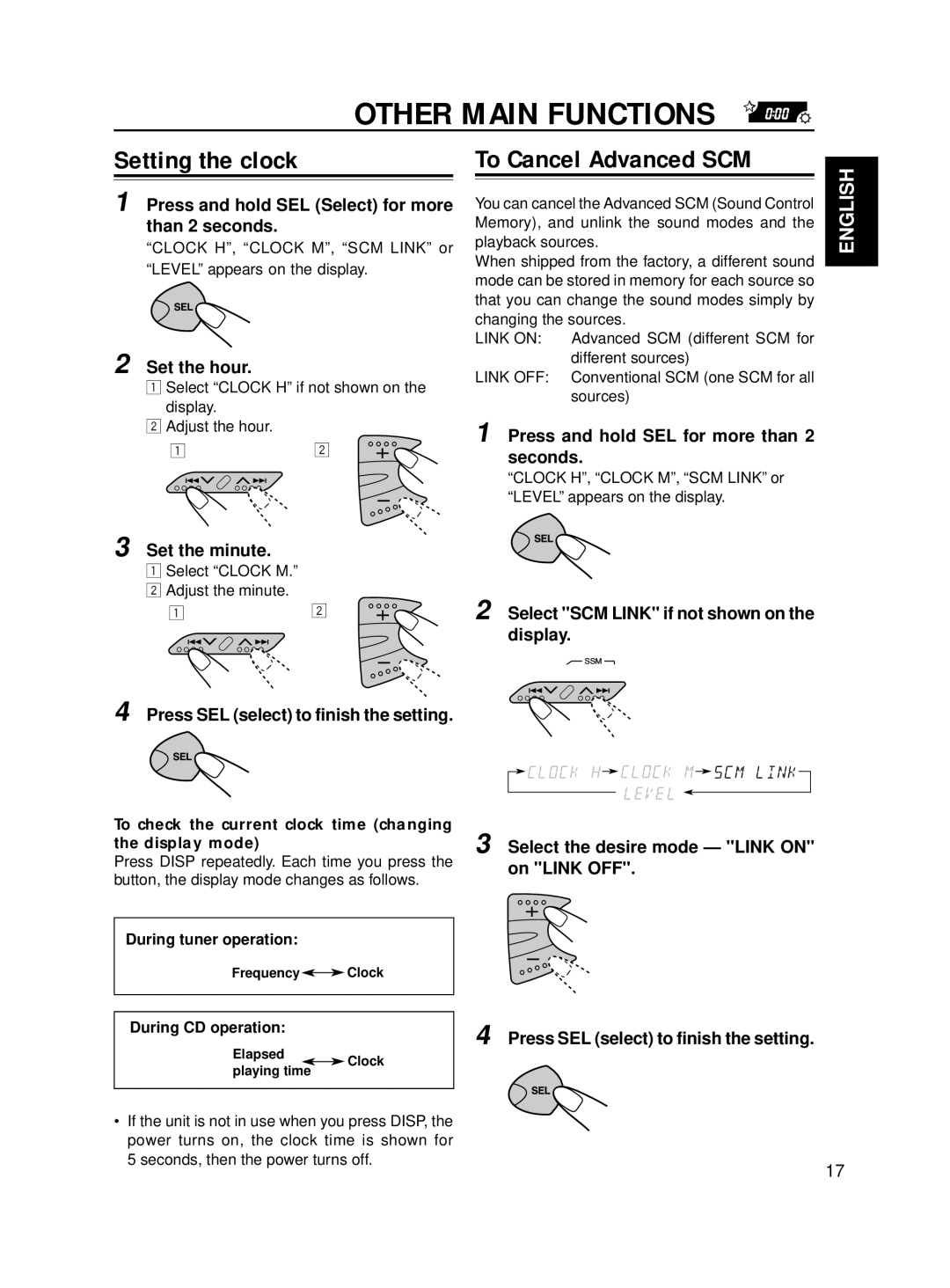 JVC Model KD-S576 manual Other Main Functions, Setting the clock, To Cancel Advanced SCM 