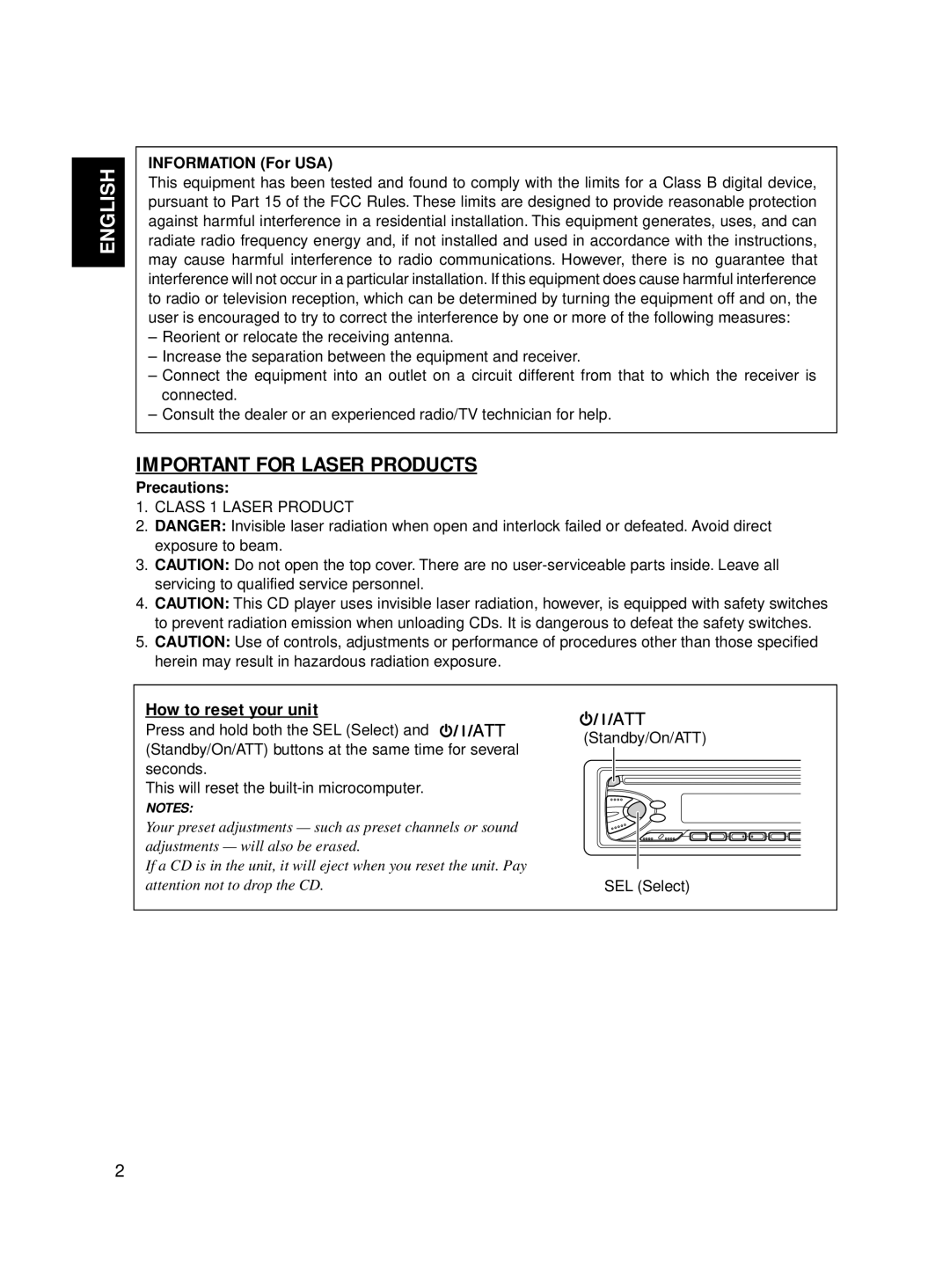 JVC Model KD-S576 manual How to reset your unit, Information For USA, Precautions, Standby/On/ATT SEL Select 