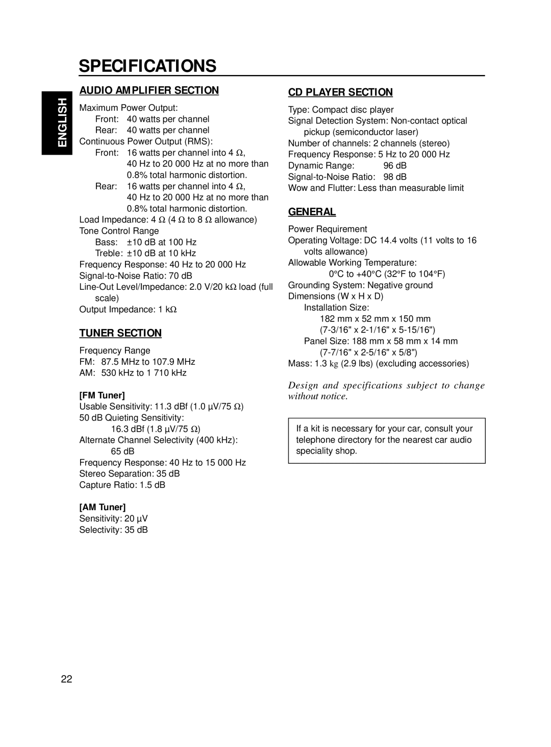 JVC Model KD-S576 manual Specifications, FM Tuner, AM Tuner, Sensitivity 20 µV Selectivity 35 dB, Speciality shop 