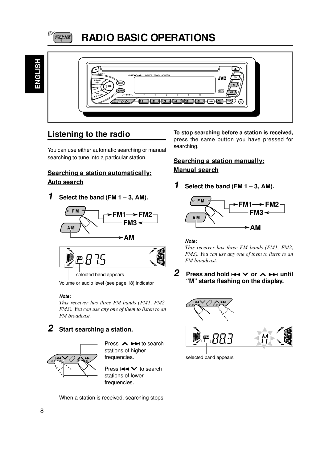 JVC Model KD-S576 manual Radio Basic Operations, Listening to the radio, Searching a station automatically Auto search 