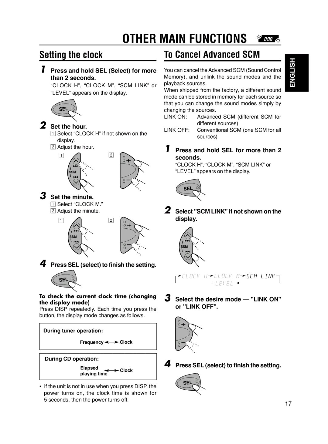 JVC Model KD-S580J manual Other Main Functions, Setting the clock, To Cancel Advanced SCM 