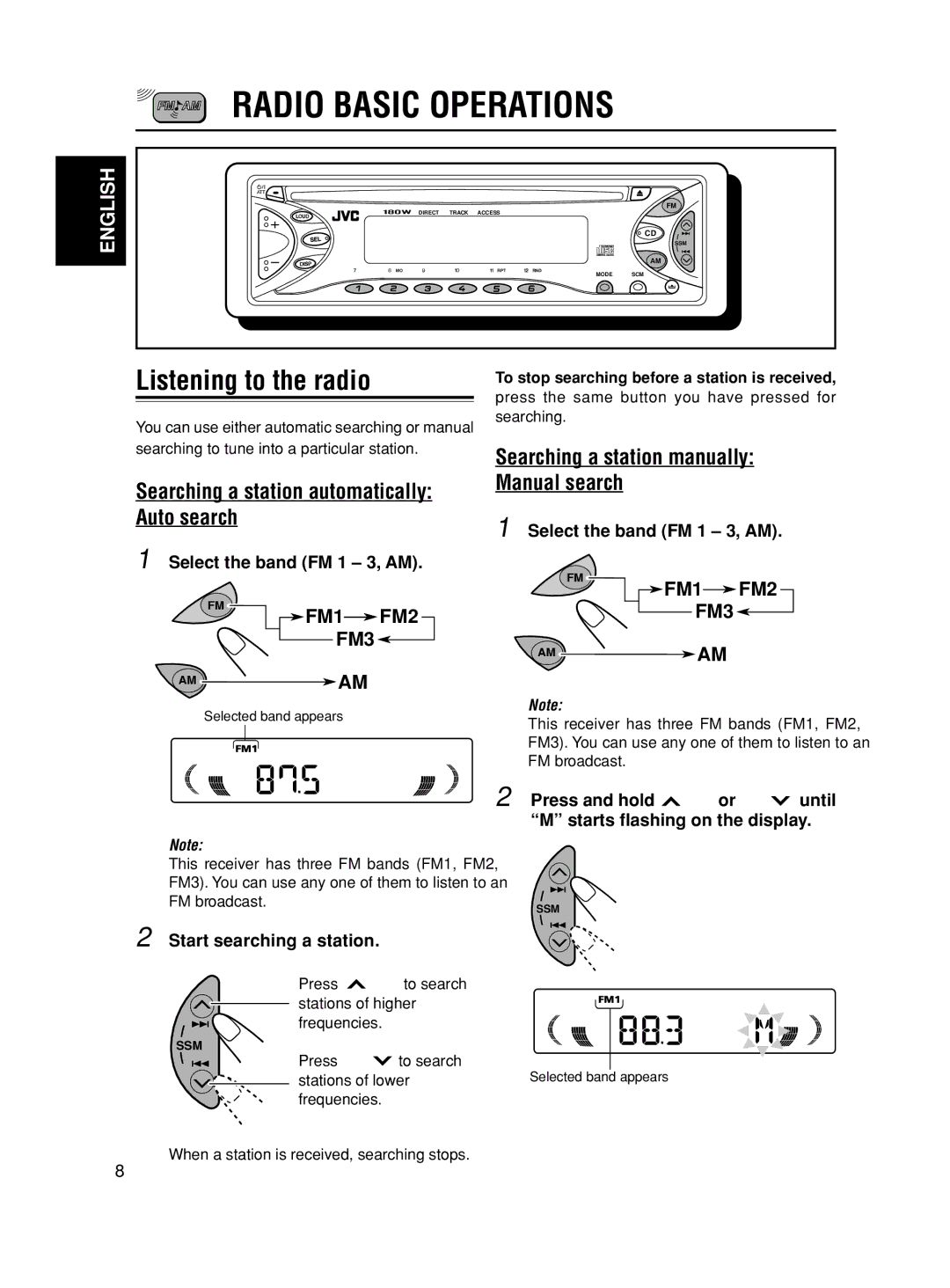 JVC Model KD-S580J manual Radio Basic Operations, Listening to the radio, Searching a station automatically Auto search 