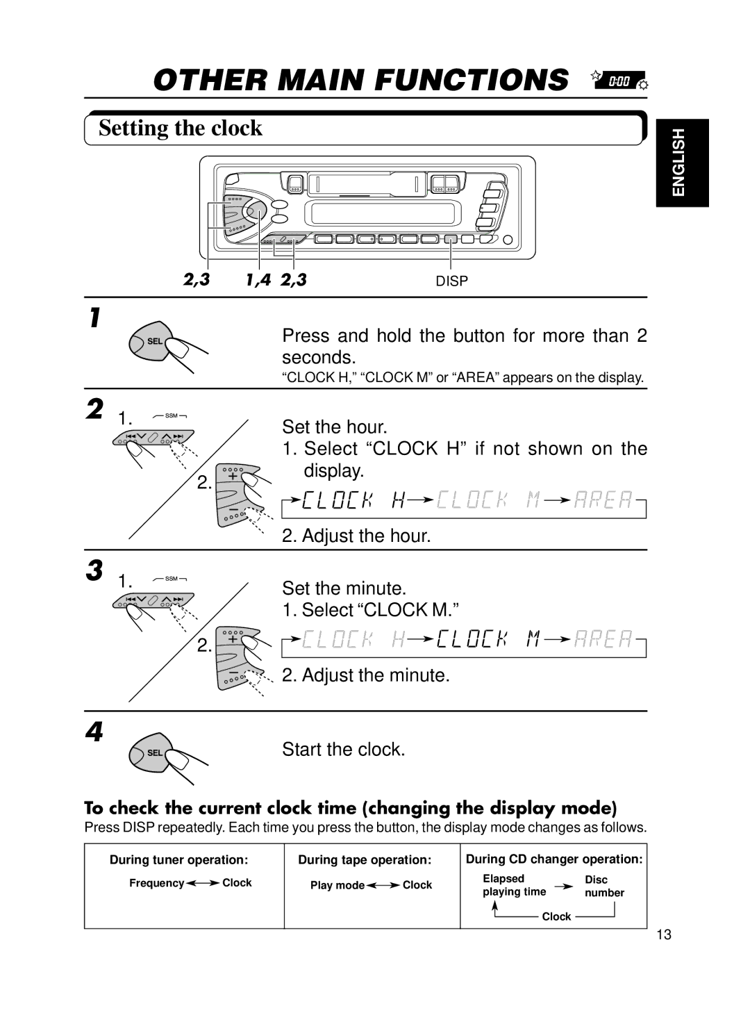 JVC Model KS-FX200 Other Main Functions, Setting the clock, To check the current clock time changing the display mode 