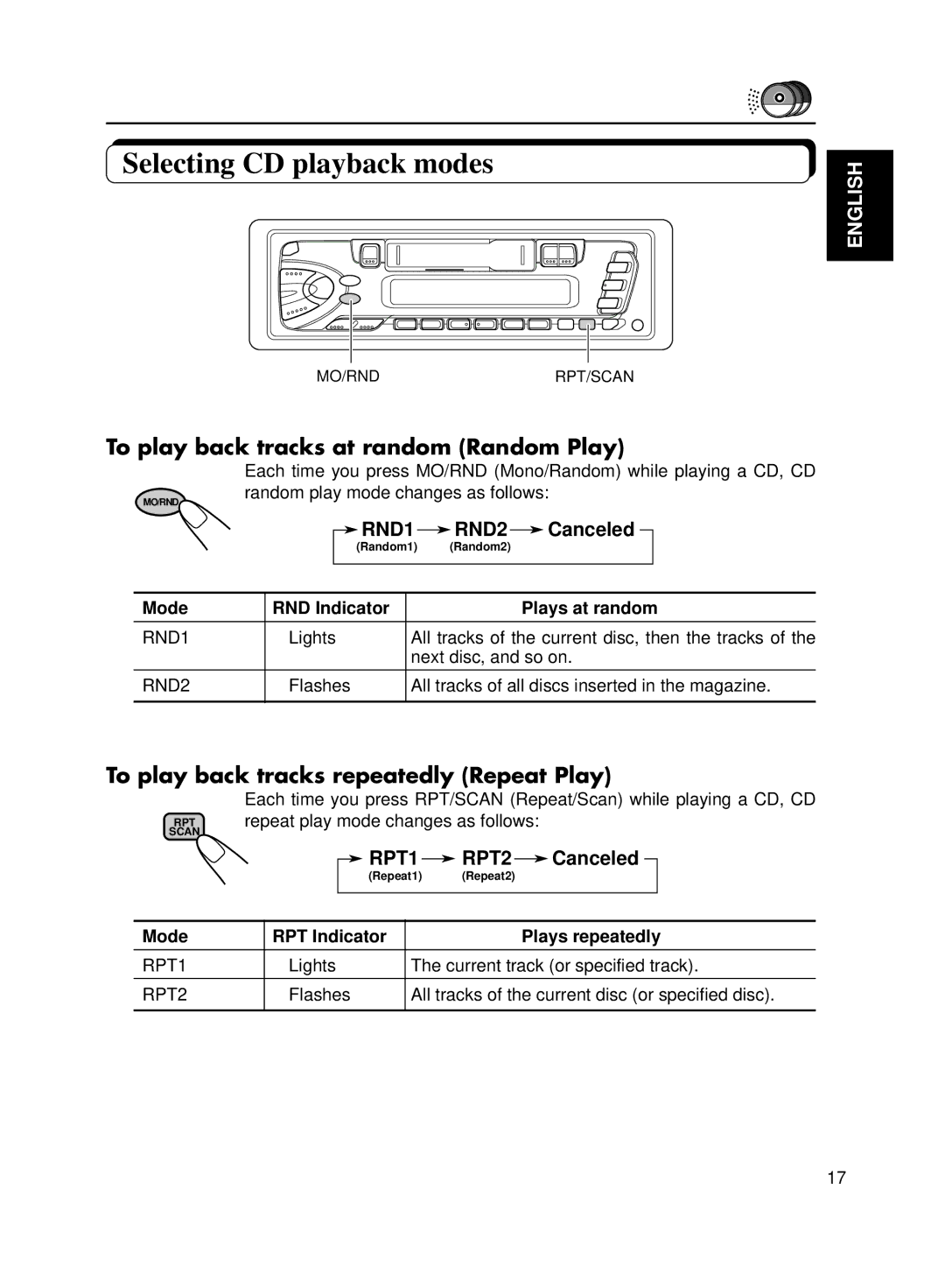 JVC Model KS-FX200 manual Selecting CD playback modes, To play back tracks at random Random Play 