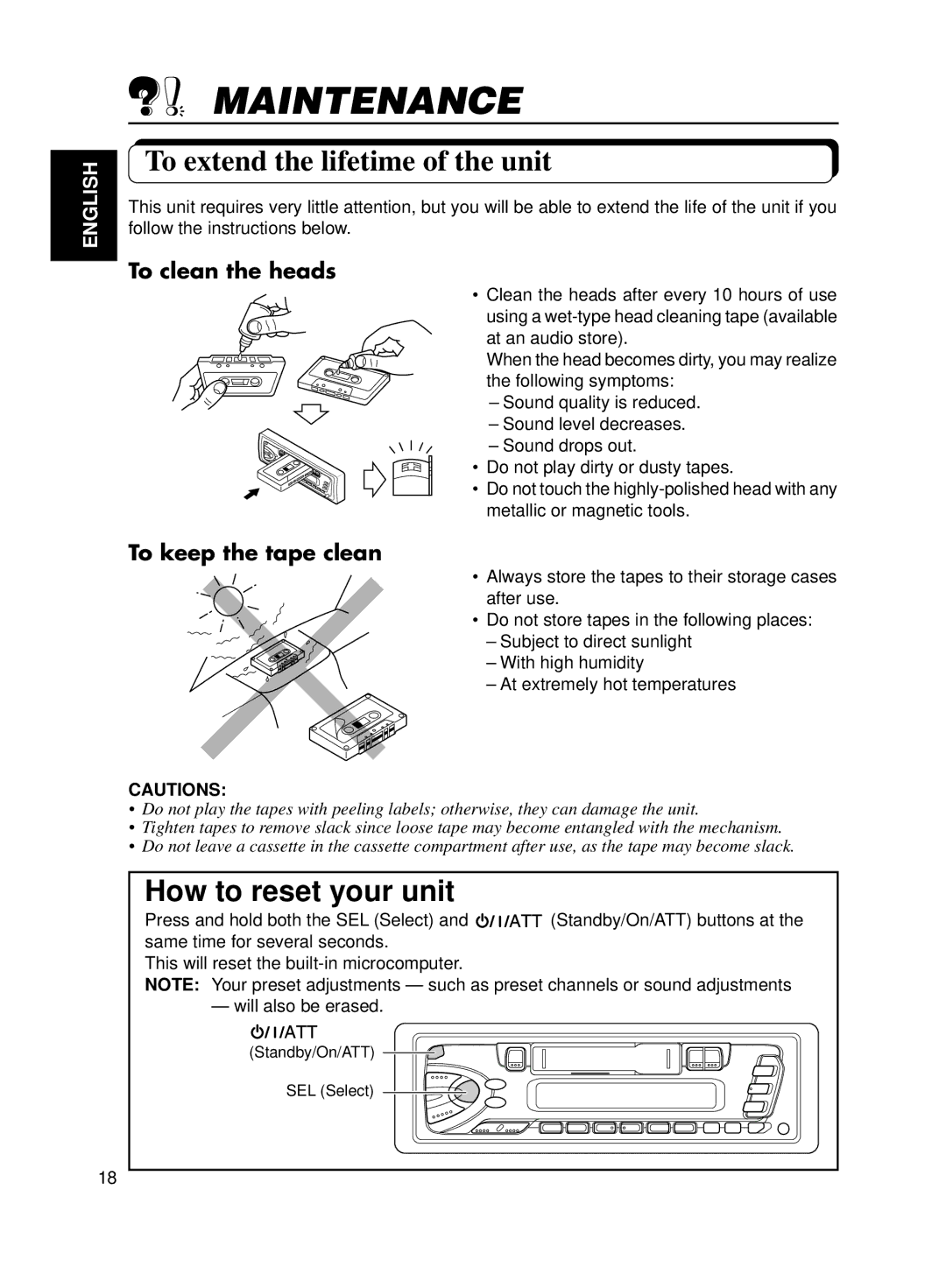 JVC Model KS-FX200 manual Maintenance, To extend the lifetime of the unit, To clean the heads, To keep the tape clean 