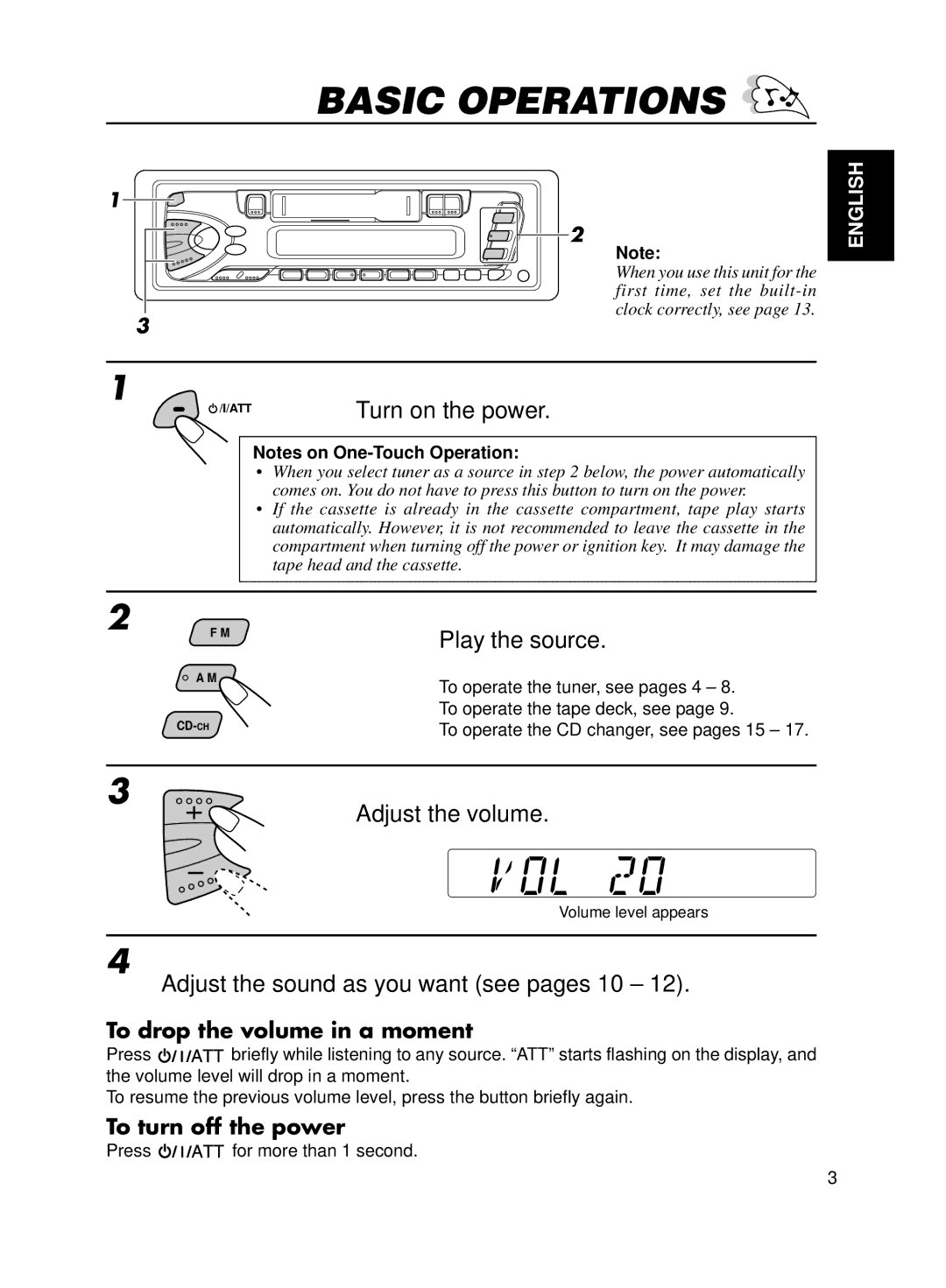 JVC Model KS-FX200 manual Basic Operations, Play the source, Adjust the volume, Adjust the sound as you want see pages 10 