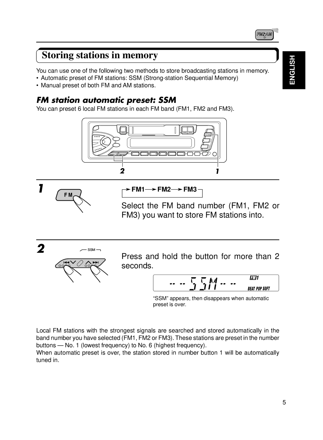 JVC Model KS-FX200 manual Storing stations in memory, FM station automatic preset SSM 