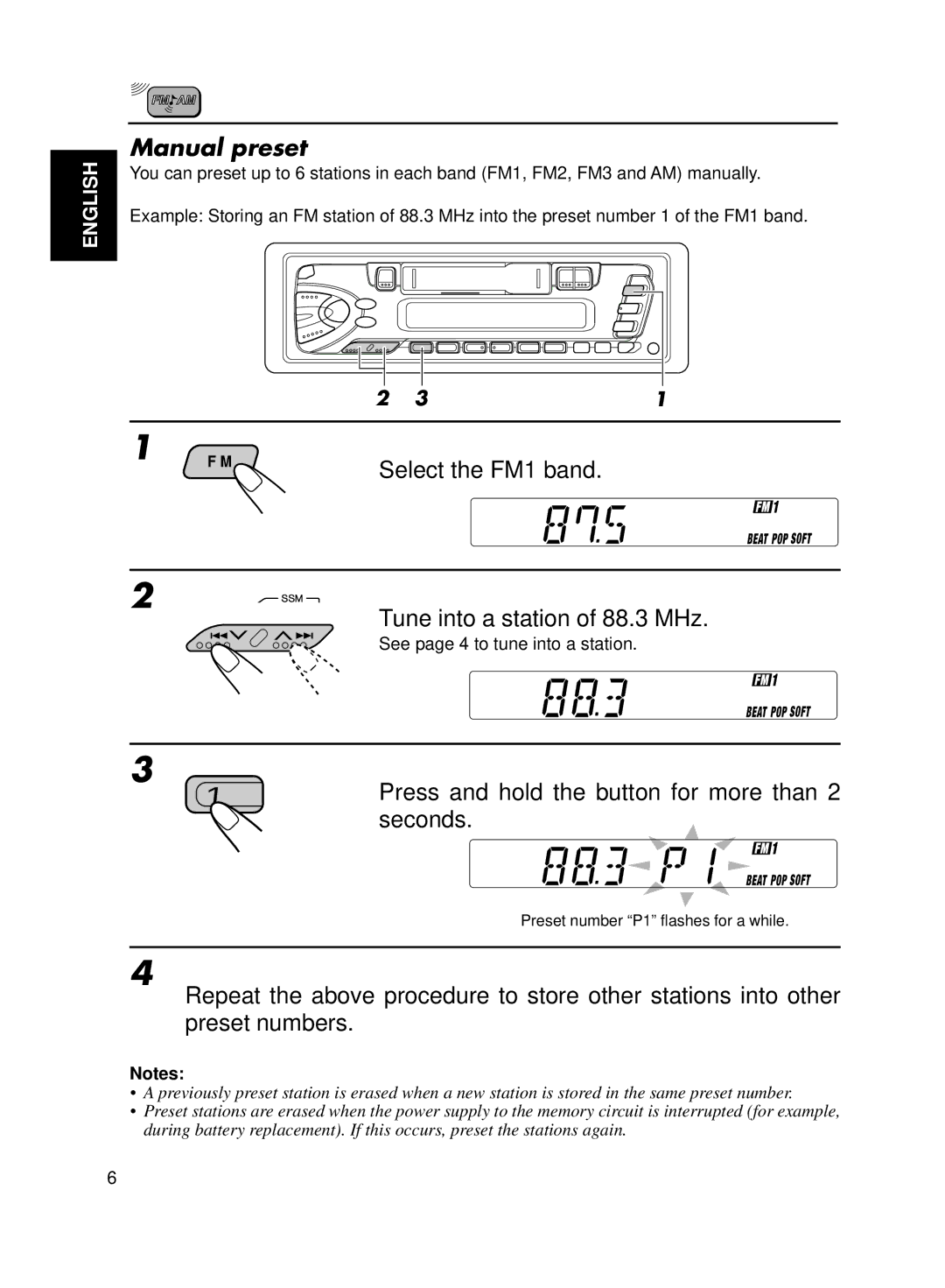 JVC Model KS-FX200 manual Manual preset, Tune into a station of 88.3 MHz 