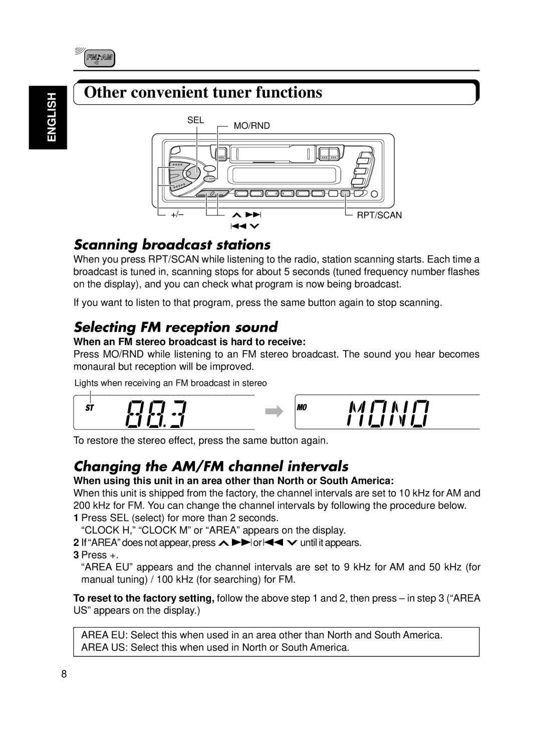 JVC Model KS-FX200 manual Other convenient tuner functions, When an FM stereo broadcast is hard to receive 