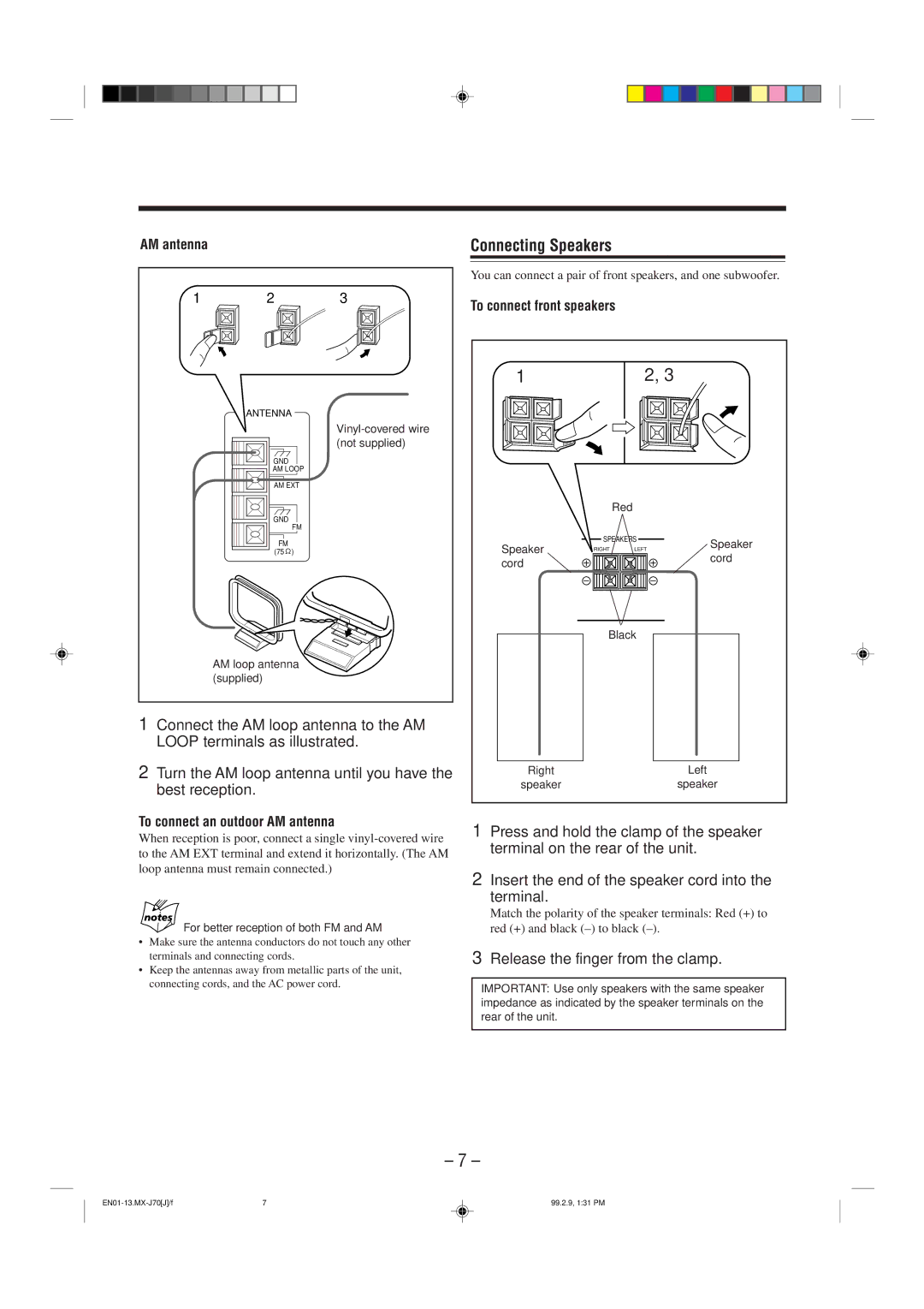 JVC Model MX-J70J manual Connecting Speakers, Release the finger from the clamp, AM antenna, To connect front speakers 