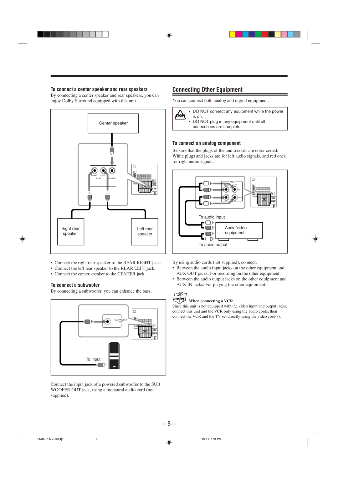 JVC Model MX-J70J To connect a center speaker and rear speakers, To connect an analog component, To connect a subwoofer 