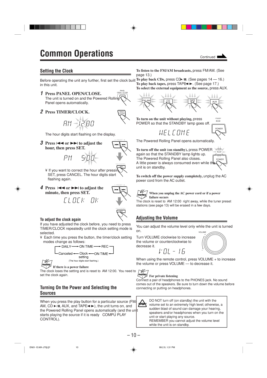 JVC Model MX-J70J manual Common Operations, Setting the Clock, Turning On the Power and Selecting the Sources 