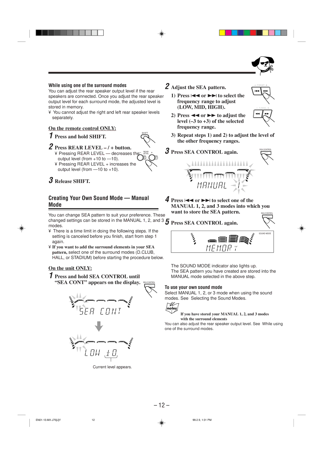 JVC Model MX-J70J Creating Your Own Sound Mode Manual Mode, Adjust the SEA pattern, While using one of the surround modes 