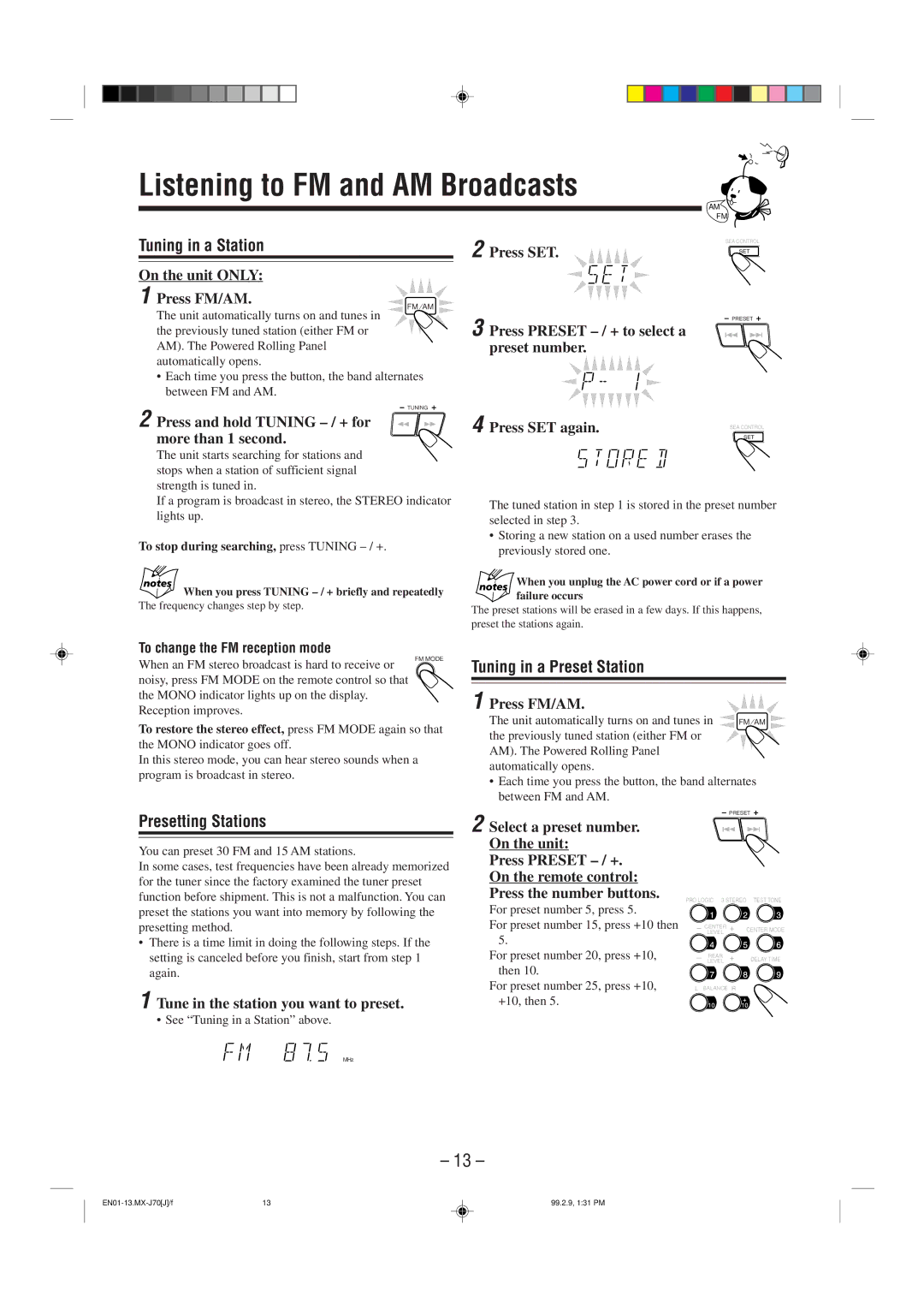 JVC Model MX-J70J Listening to FM and AM Broadcasts, Tuning in a Station, Tuning in a Preset Station, Presetting Stations 