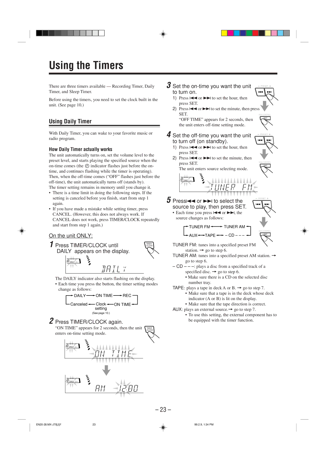 JVC Model MX-J70J manual Using the Timers, Using Daily Timer 