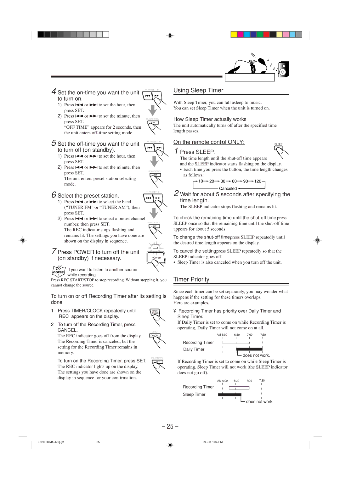 JVC Model MX-J70J manual Using Sleep Timer, Timer Priority 