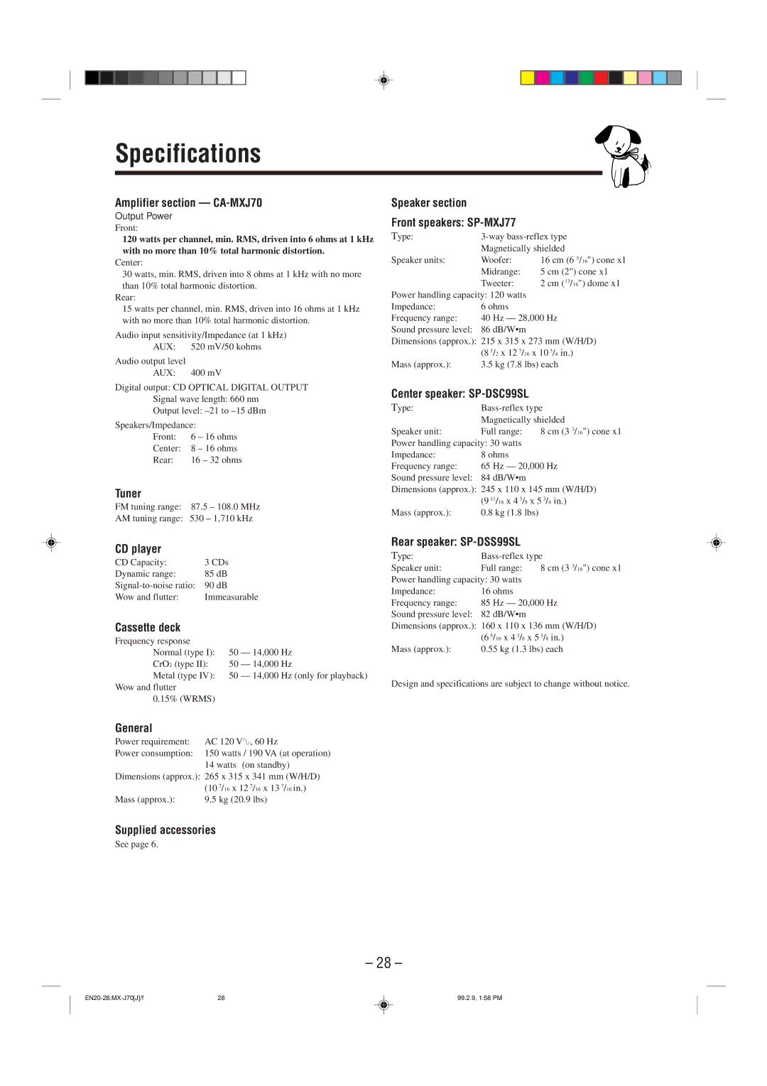 JVC Model MX-J70J manual Specifications 