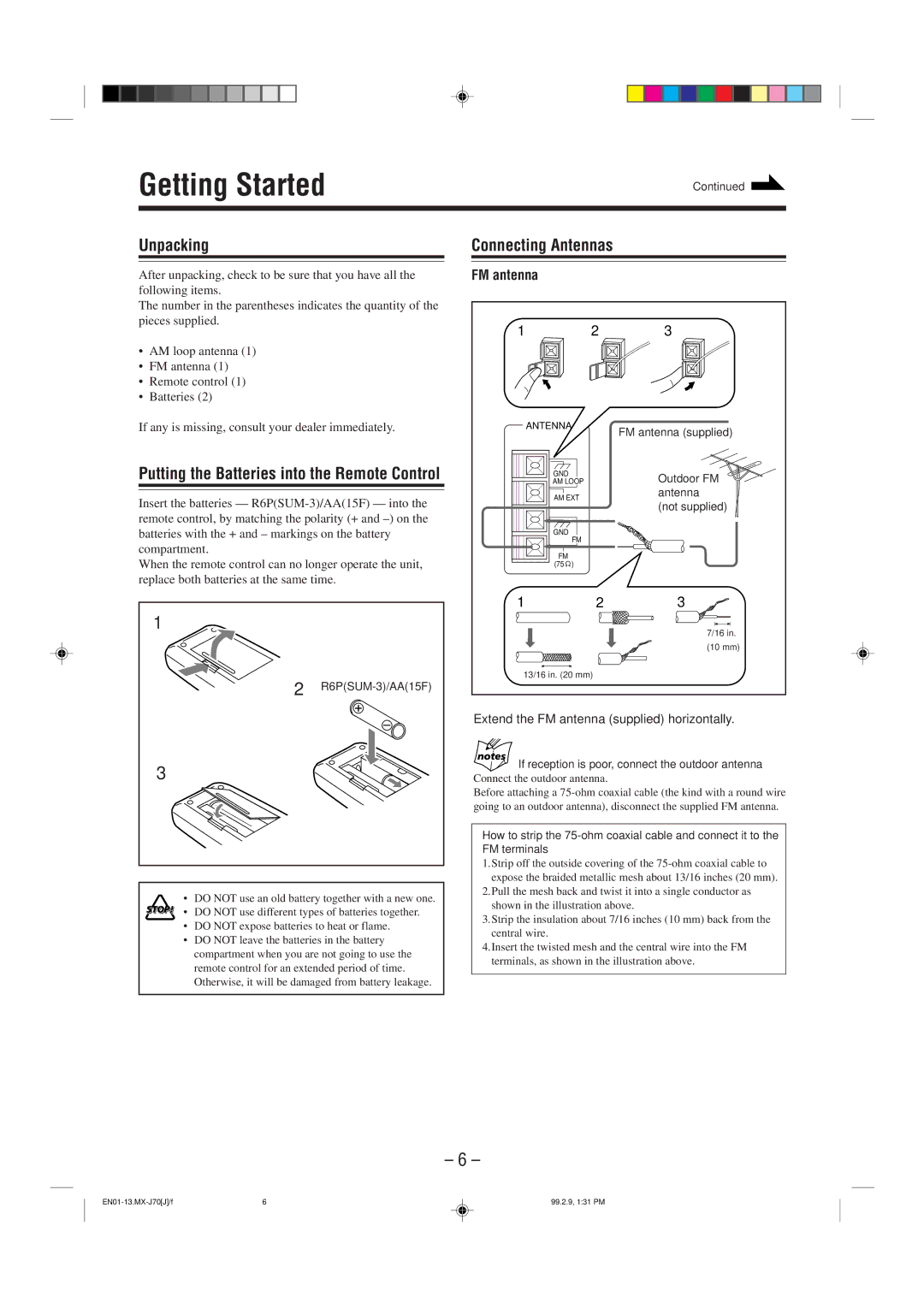 JVC Model MX-J70J manual Getting Started, Unpacking, Connecting Antennas, Extend the FM antenna supplied horizontally 