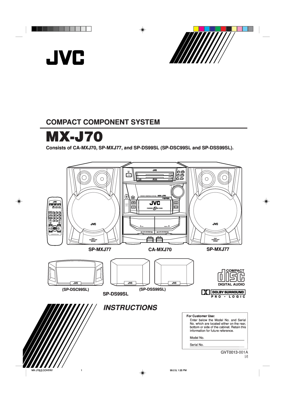 JVC Model MX-J70J manual Instructions, SP-MXJ77, CA-MXJ70, SP-DS99SL, SP-DSC99SL, SP-DSS99SL, GVT0013-001A, Auto Reverse 