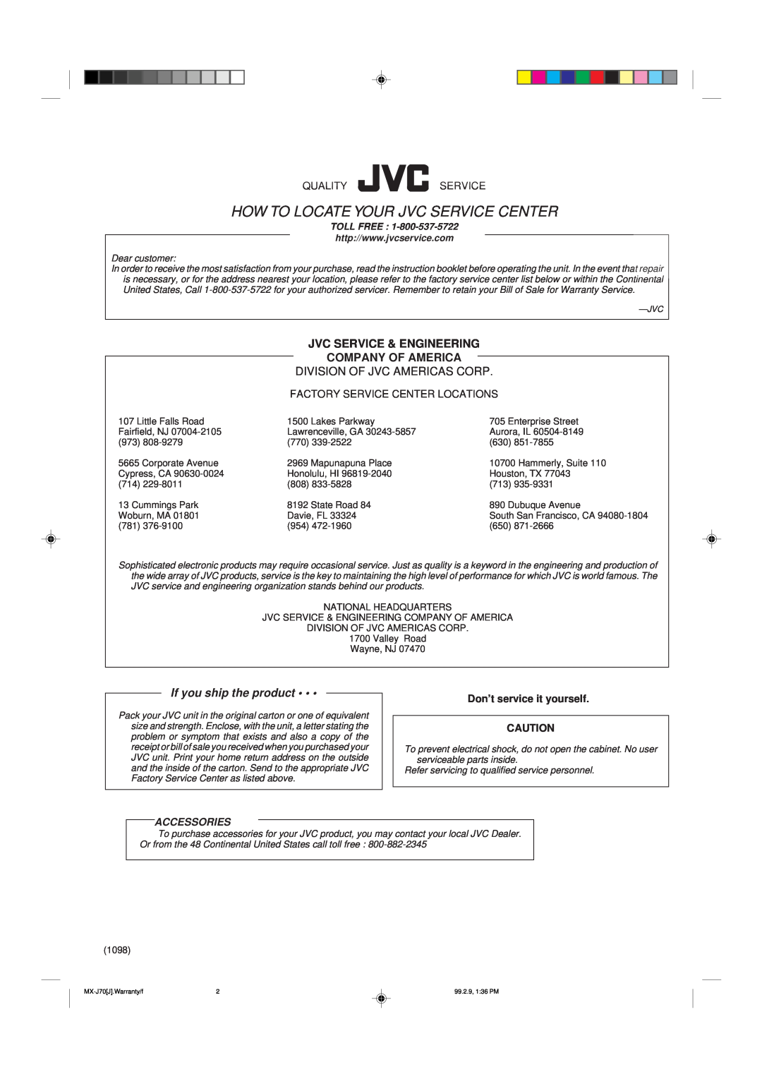 JVC Model MX-J70J Jvc Service & Engineering Company Of America, Division Of Jvc Americas Corp, Qualityservice, Accessories 