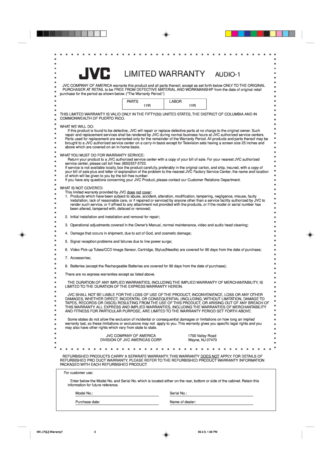 JVC Model MX-J70J manual LIMITED WARRANTY AUDIO-1 