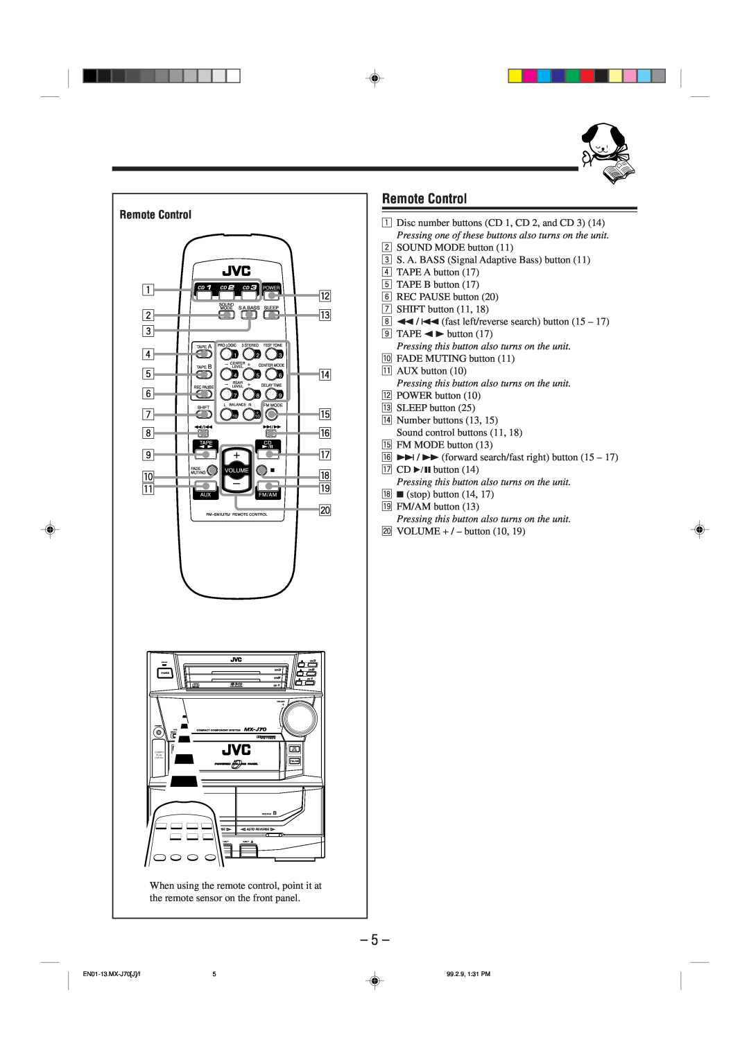 JVC Model MX-J70J manual Remote Control 