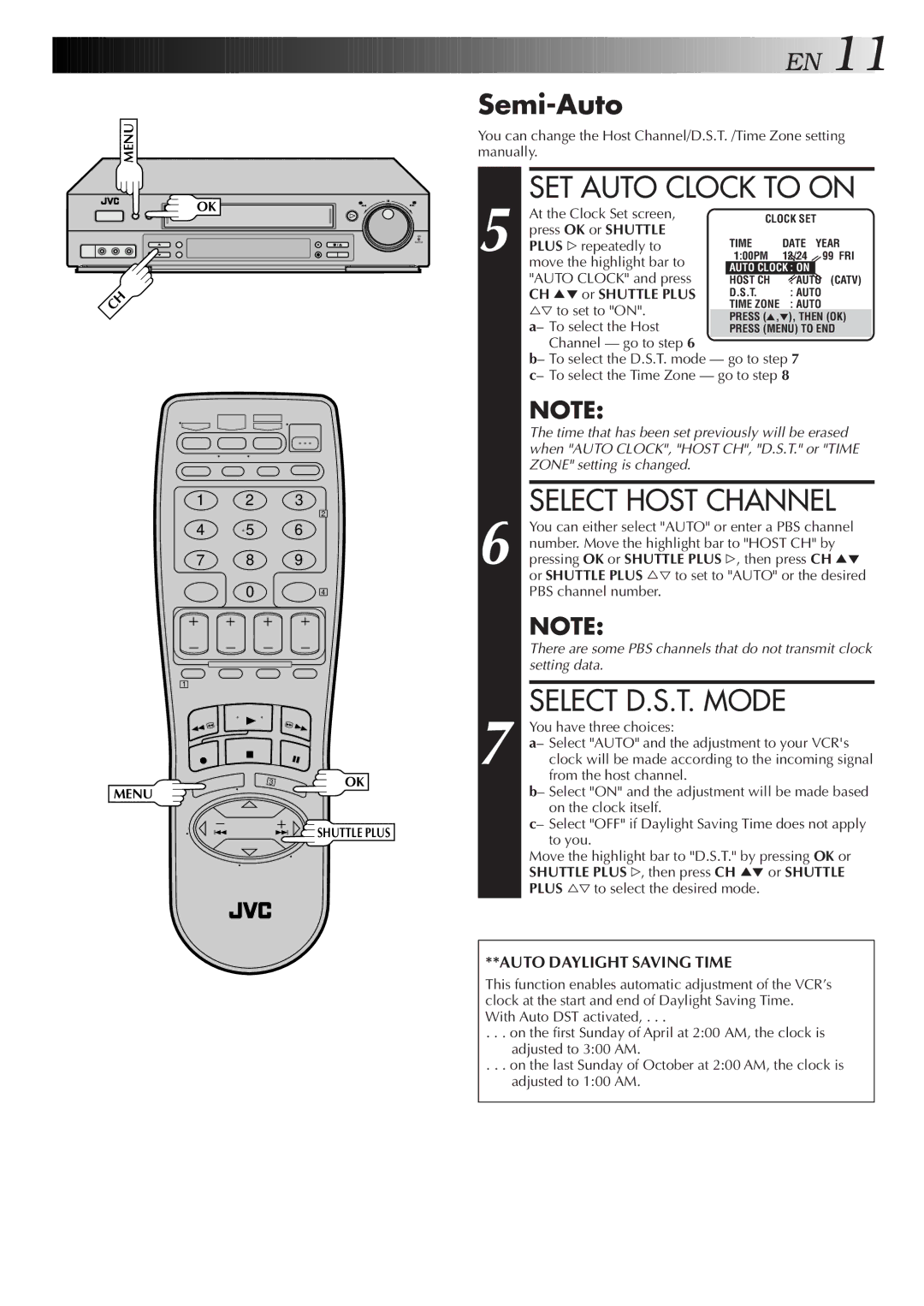 JVC Model SR-TS1U manual SET Auto Clock to on, Select Host Channel, Select D.S.T. Mode, Semi-Auto 