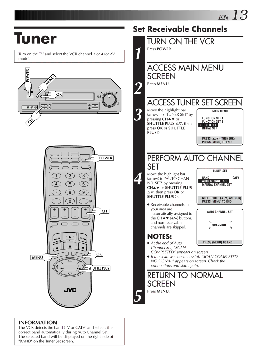 JVC Model SR-TS1U manual Tuner, Access Main Menu Screen, Set Receivable Channels 