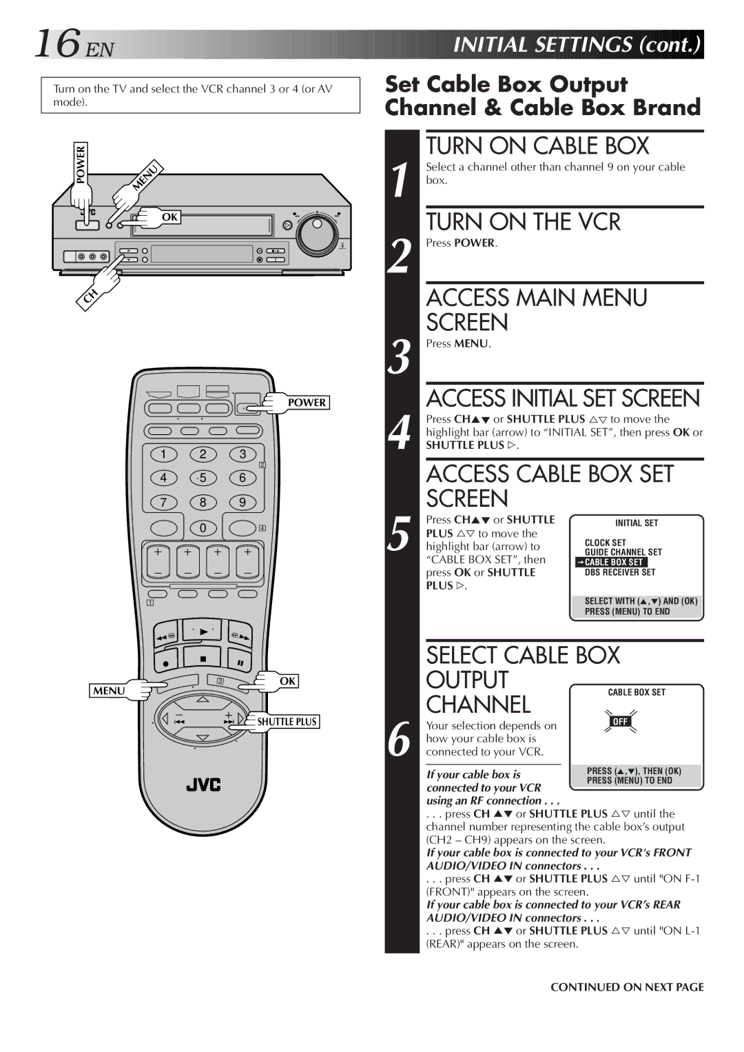 JVC Model SR-TS1U manual Turn on Cable BOX, Access Cable BOX SET Screen, Select Cable BOX Output Channel, On Next 