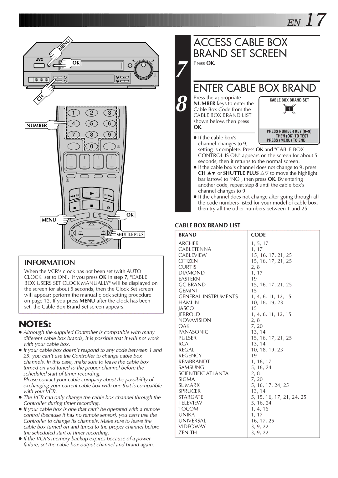 JVC Model SR-TS1U manual Access Cable BOX Brand SET Screen, Enter Cable BOX Brand, Brand Code 