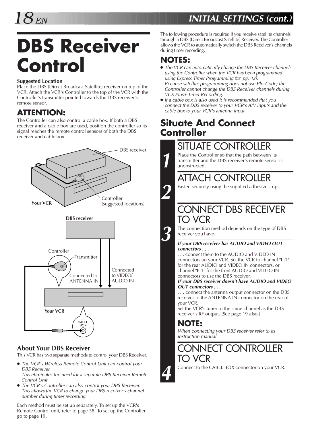 JVC Model SR-TS1U manual DBS Receiver Control, Connect DBS Receiver to VCR, DBS receiver 