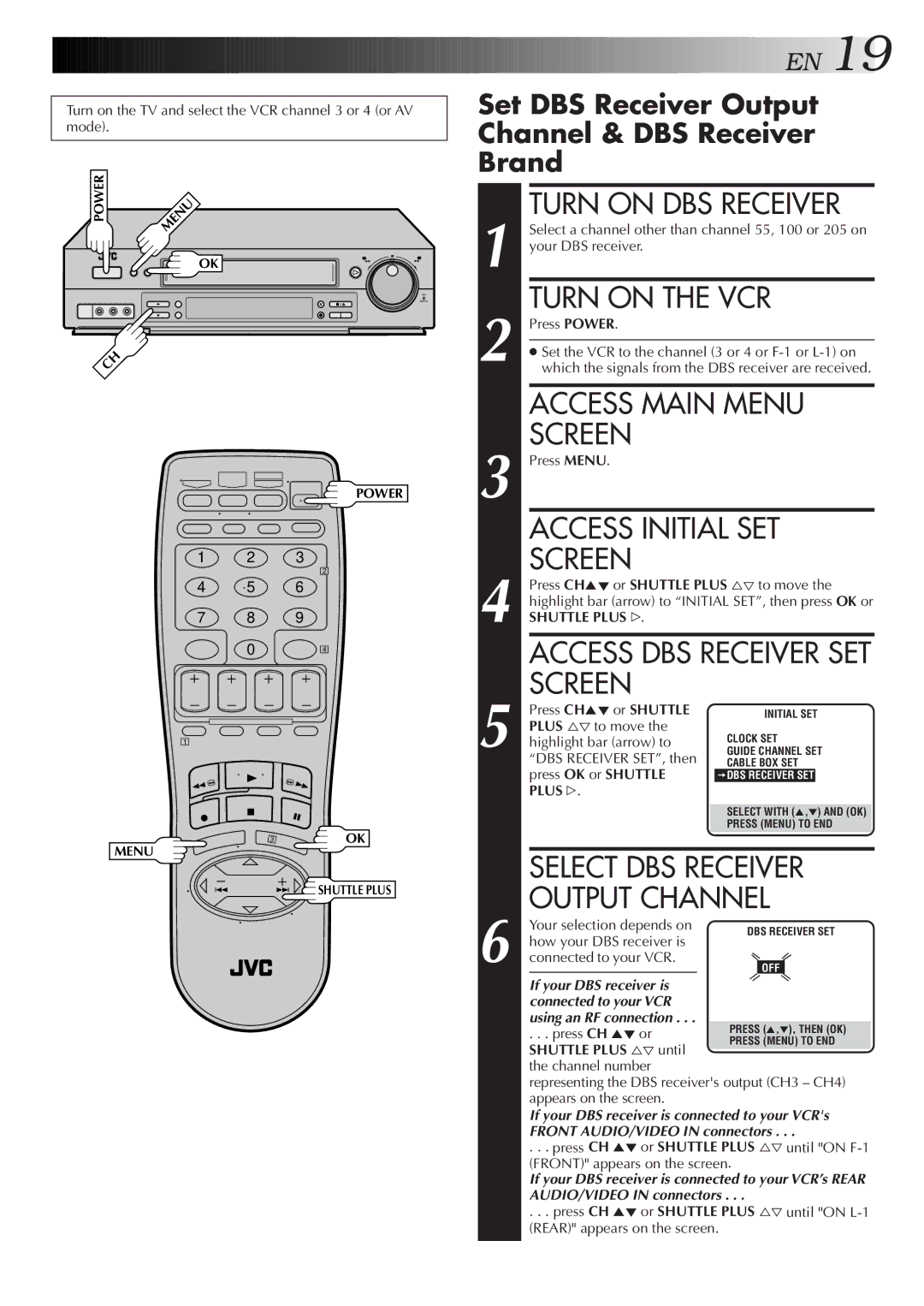 JVC Model SR-TS1U manual Turn on DBS Receiver, Select DBS Receiver, Output Channel, Access DBS Receiver SET 