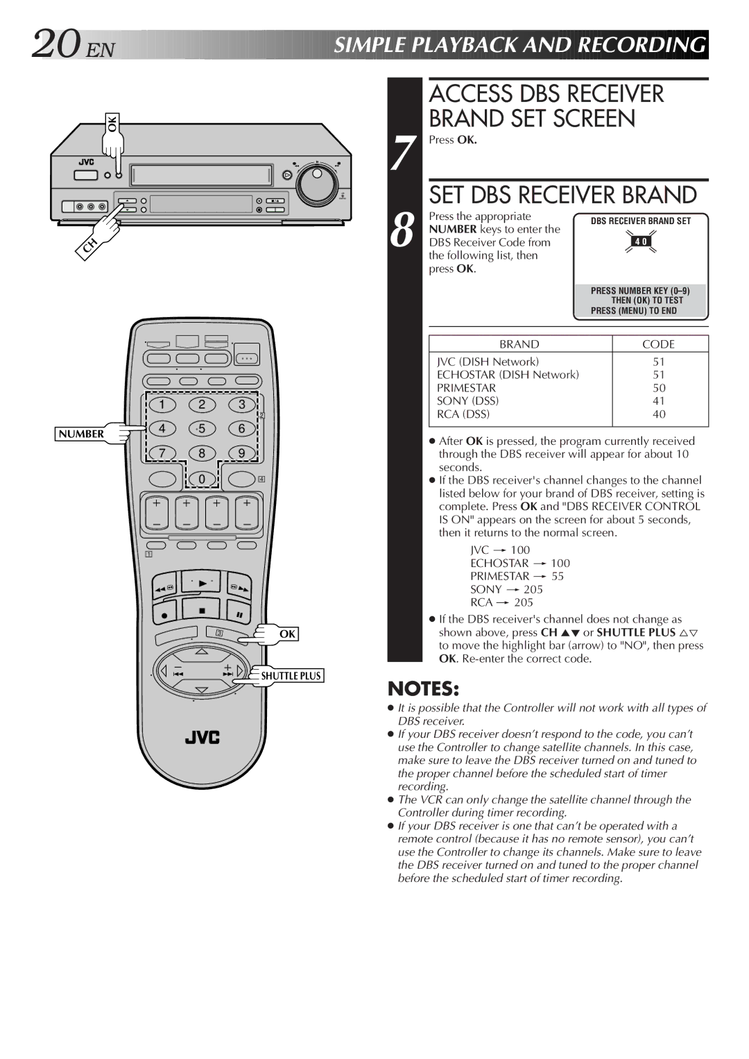 JVC Model SR-TS1U manual Access DBS Receiver, SET DBS Receiver Brand, DBS Receiver Code from Following list, then Press OK 