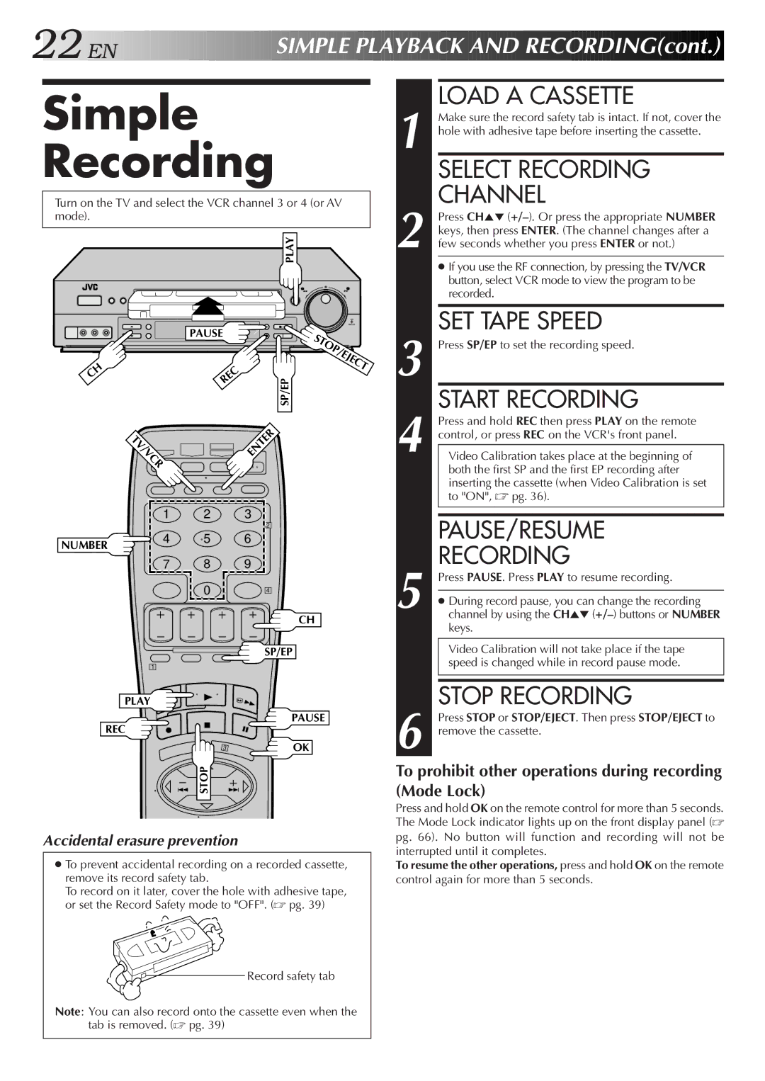 JVC Model SR-TS1U manual Simple Recording 