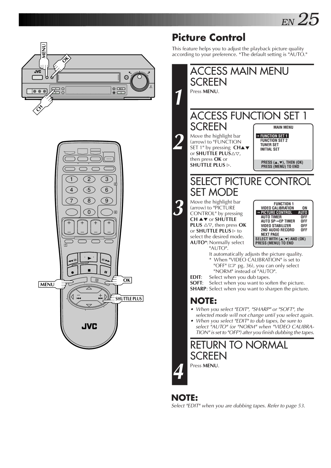 JVC Model SR-TS1U manual SET Mode, Select Picture Control 