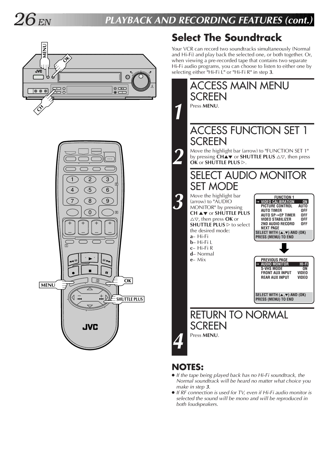 JVC Model SR-TS1U manual Select Audio Monitor, Select The Soundtrack, Shuttle Plus #to select 