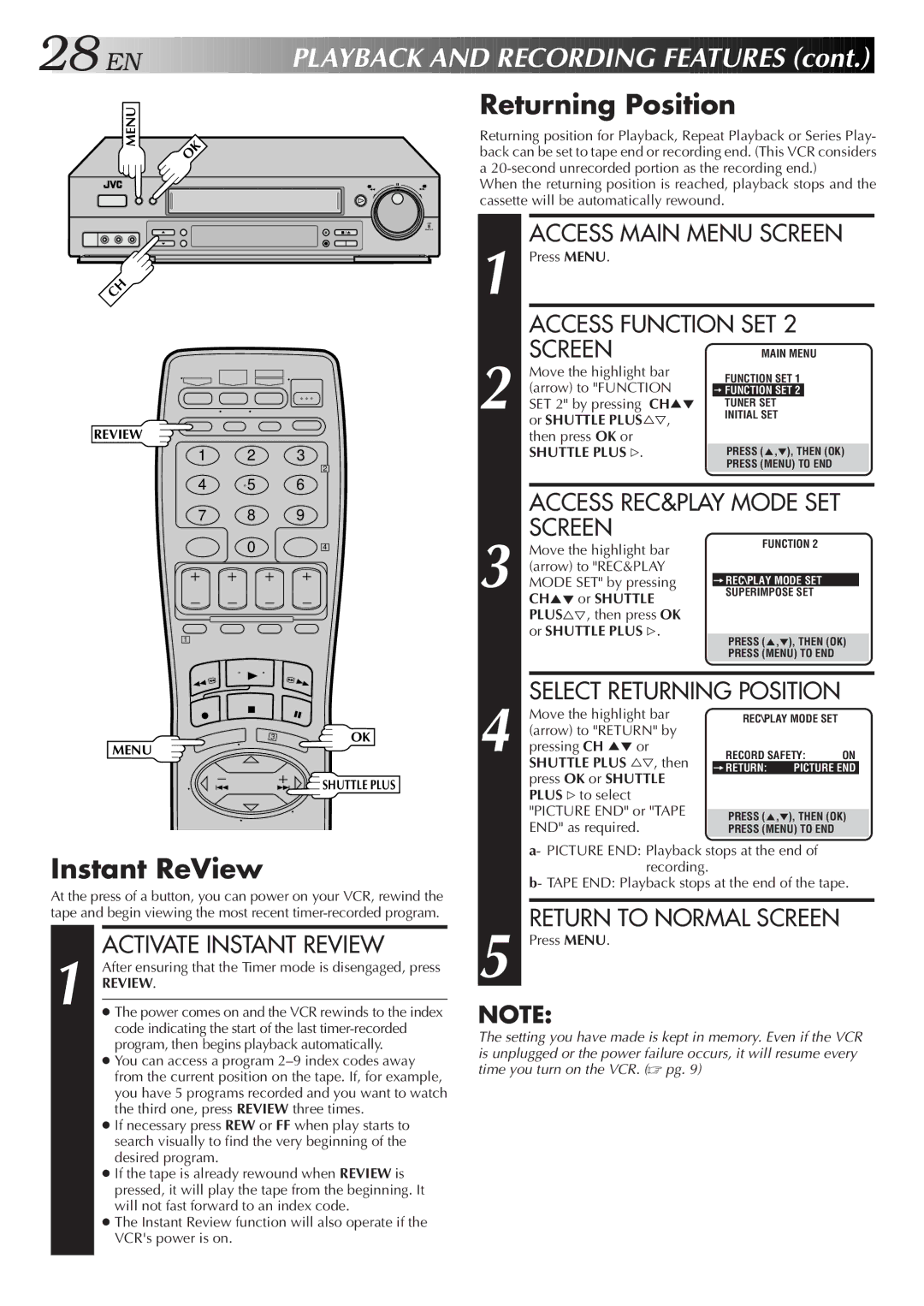 JVC Model SR-TS1U manual Instant ReView, Returning Position, Review, Or Shuttle PLUS%Þ, CH5 or Shuttle 