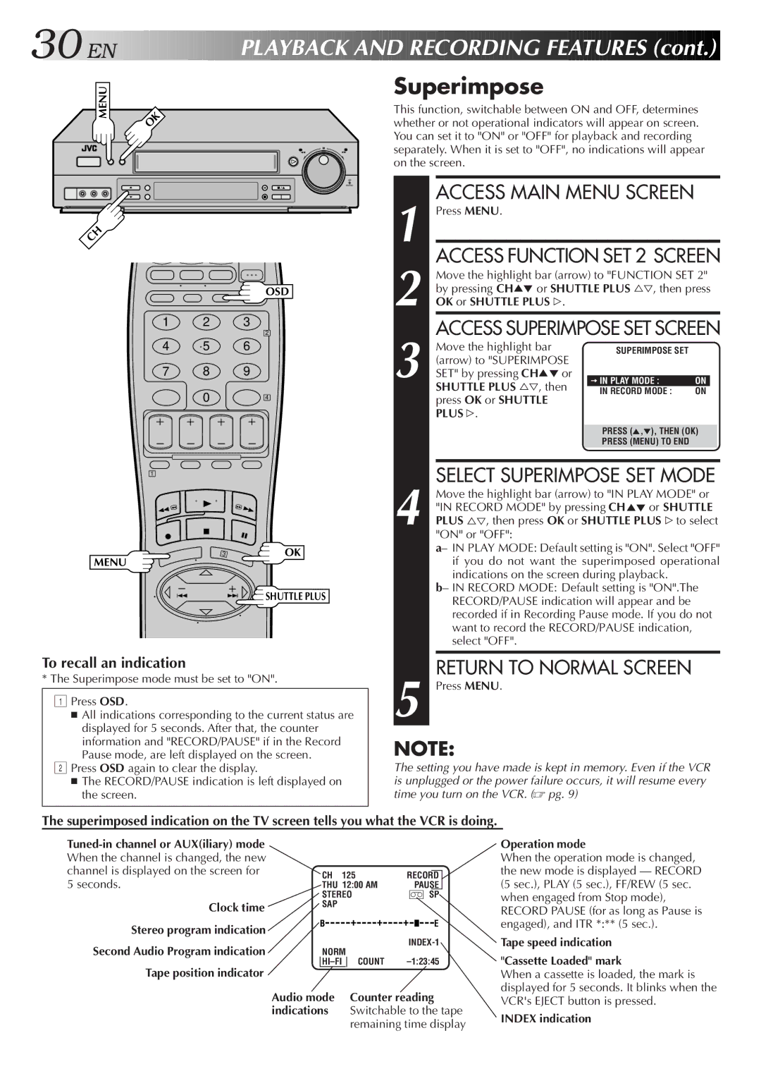 JVC Model SR-TS1U manual Superimpose, Audio mode Counter reading Indications, Operation mode, Index indication 