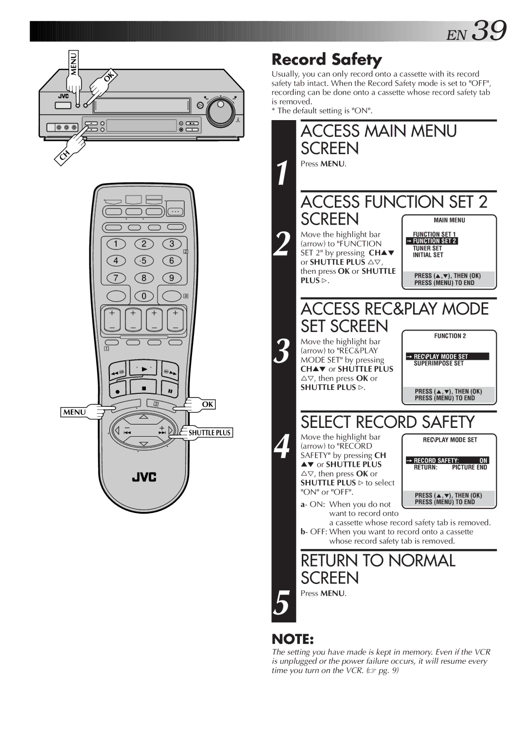 JVC Model SR-TS1U manual SET Screen, Record Safety, Or Shuttle Plus, Shuttle Plus # to select 