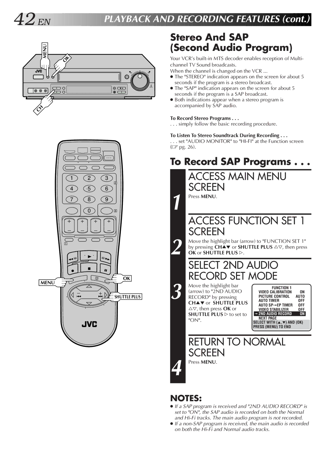 JVC Model SR-TS1U manual Select 2ND Audio Record SET Mode, Stereo And SAP Second Audio Program, To Record SAP Programs 