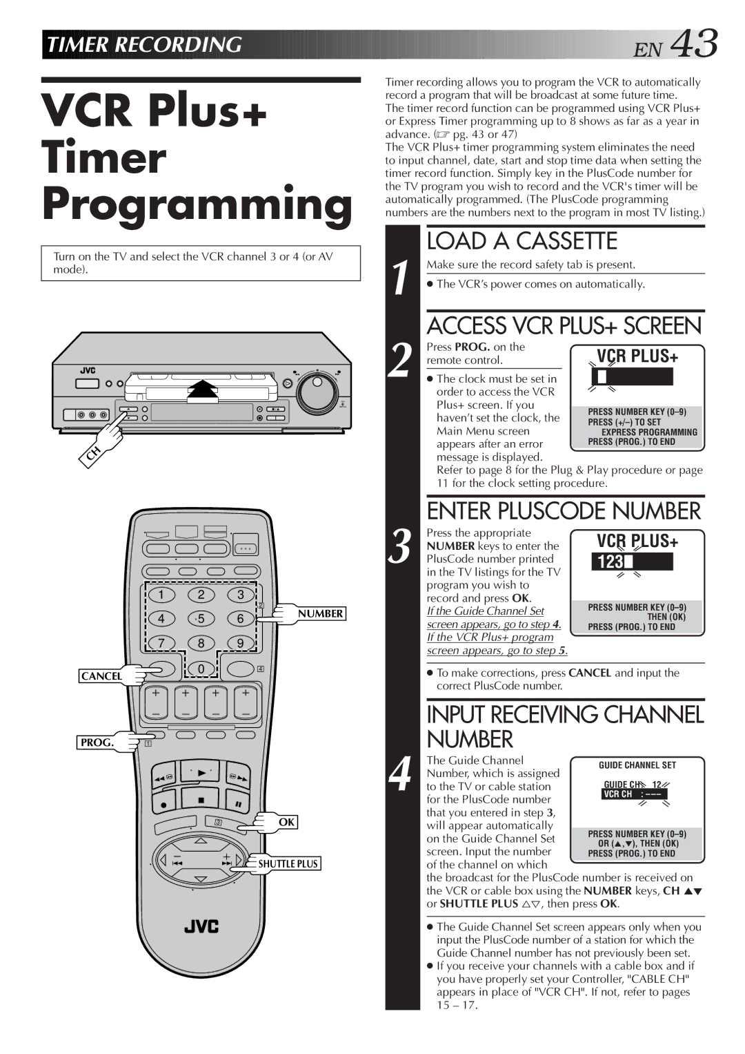 JVC Model SR-TS1U VCR Plus+ Timer Programming, Input Receiving Channel Number, Timer Recording, Enter Pluscode Number 