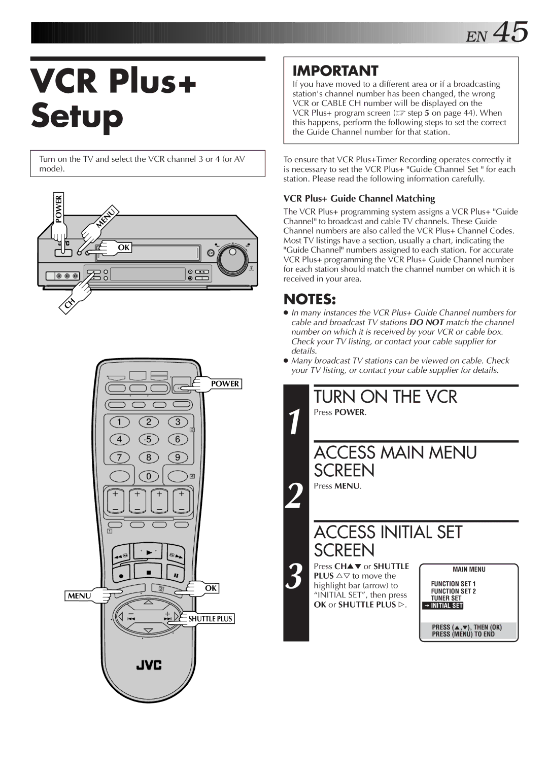 JVC Model SR-TS1U manual VCR Plus+ Setup, VCR Plus+ Guide Channel Matching, Initial SET, then press 