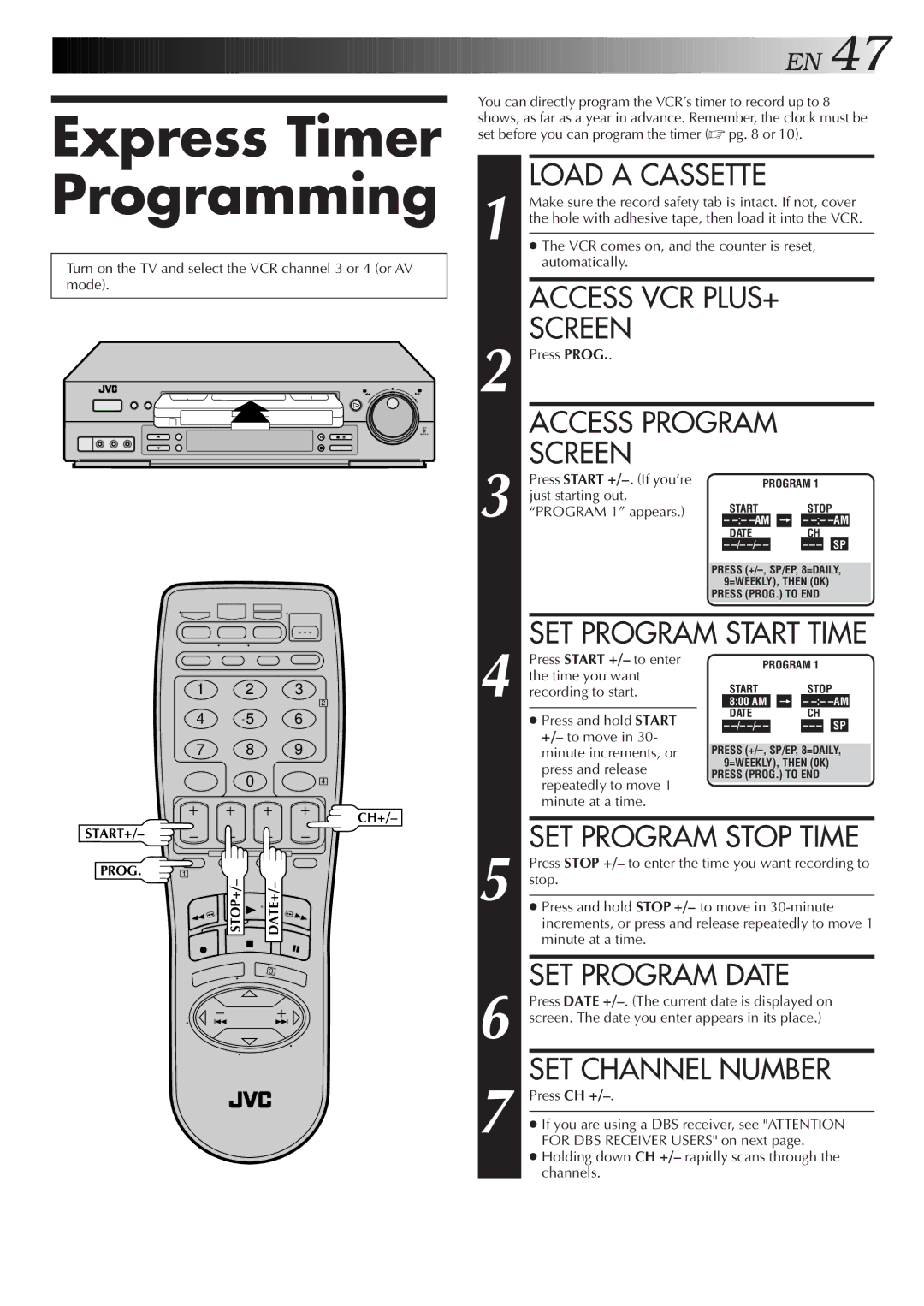 JVC Model SR-TS1U manual Express Timer Programming, SET Program Date, SET Channel Number, Access VCR PLUS+ 