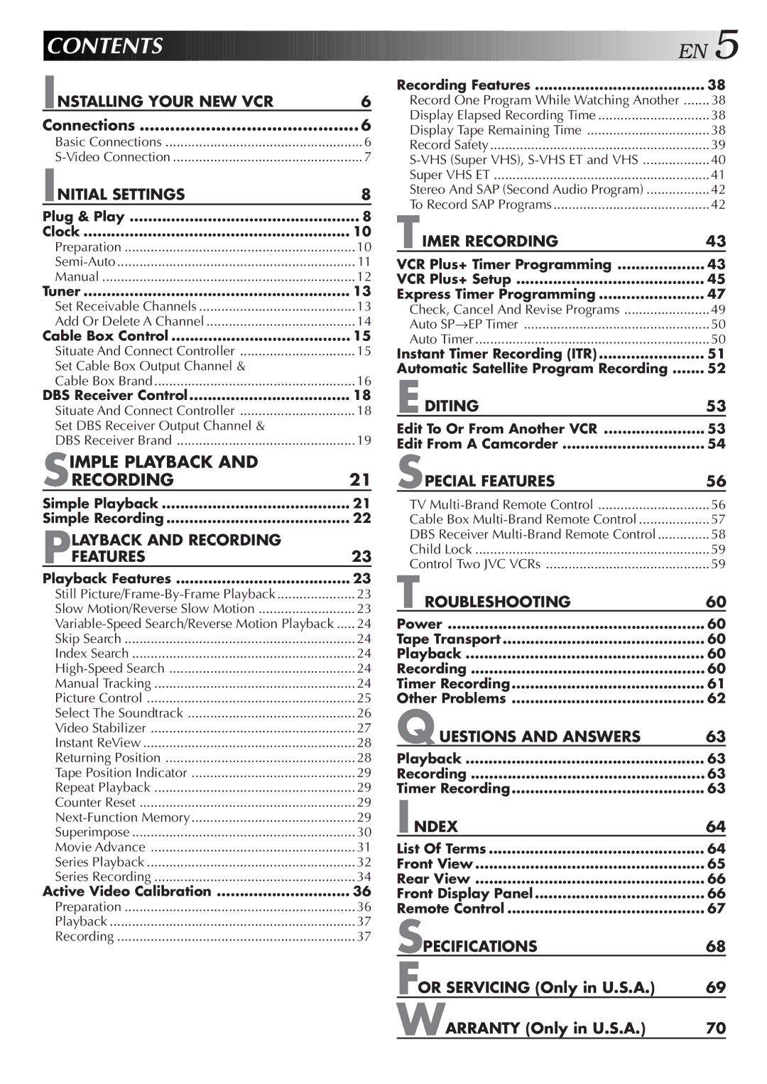 JVC Model SR-TS1U manual Contents 