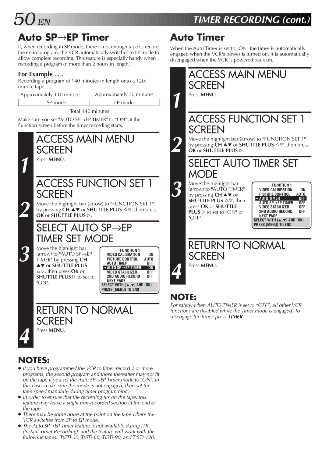 JVC Model SR-TS1U manual Select Auto SP EP Timer SET Mode, Auto SP→EP Timer, Auto Timer 