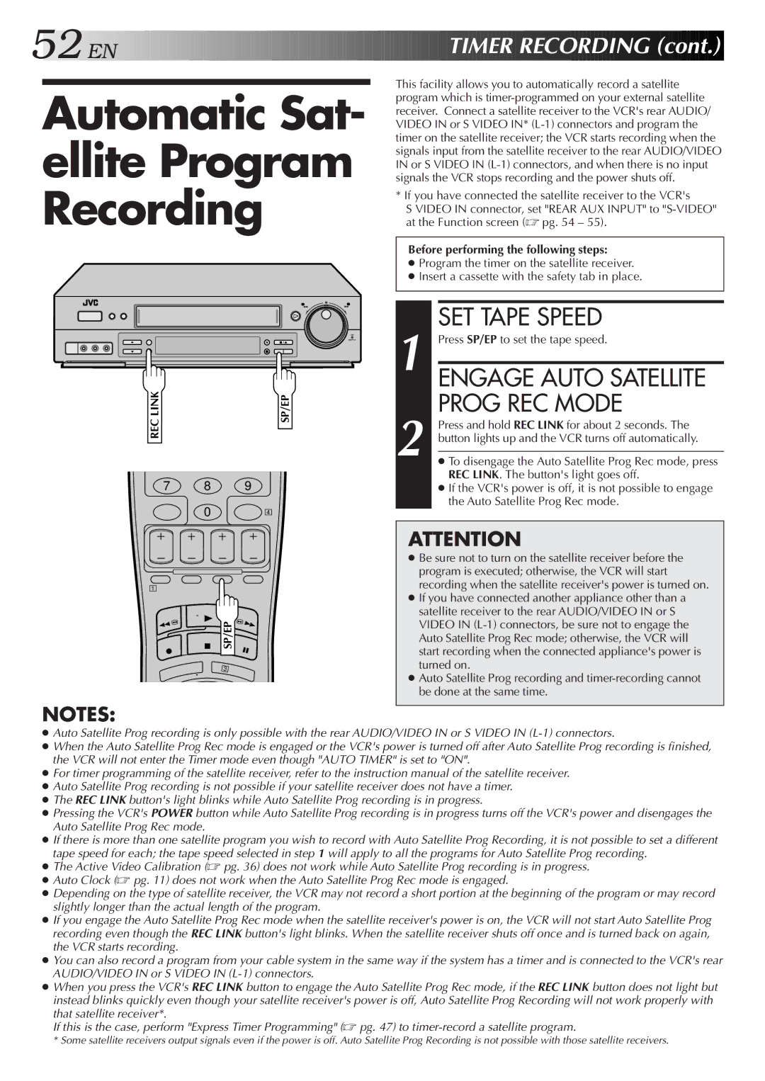 JVC Model SR-TS1U manual Automatic Sat- ellite Program Recording, Engage Auto Satellite Prog REC Mode 