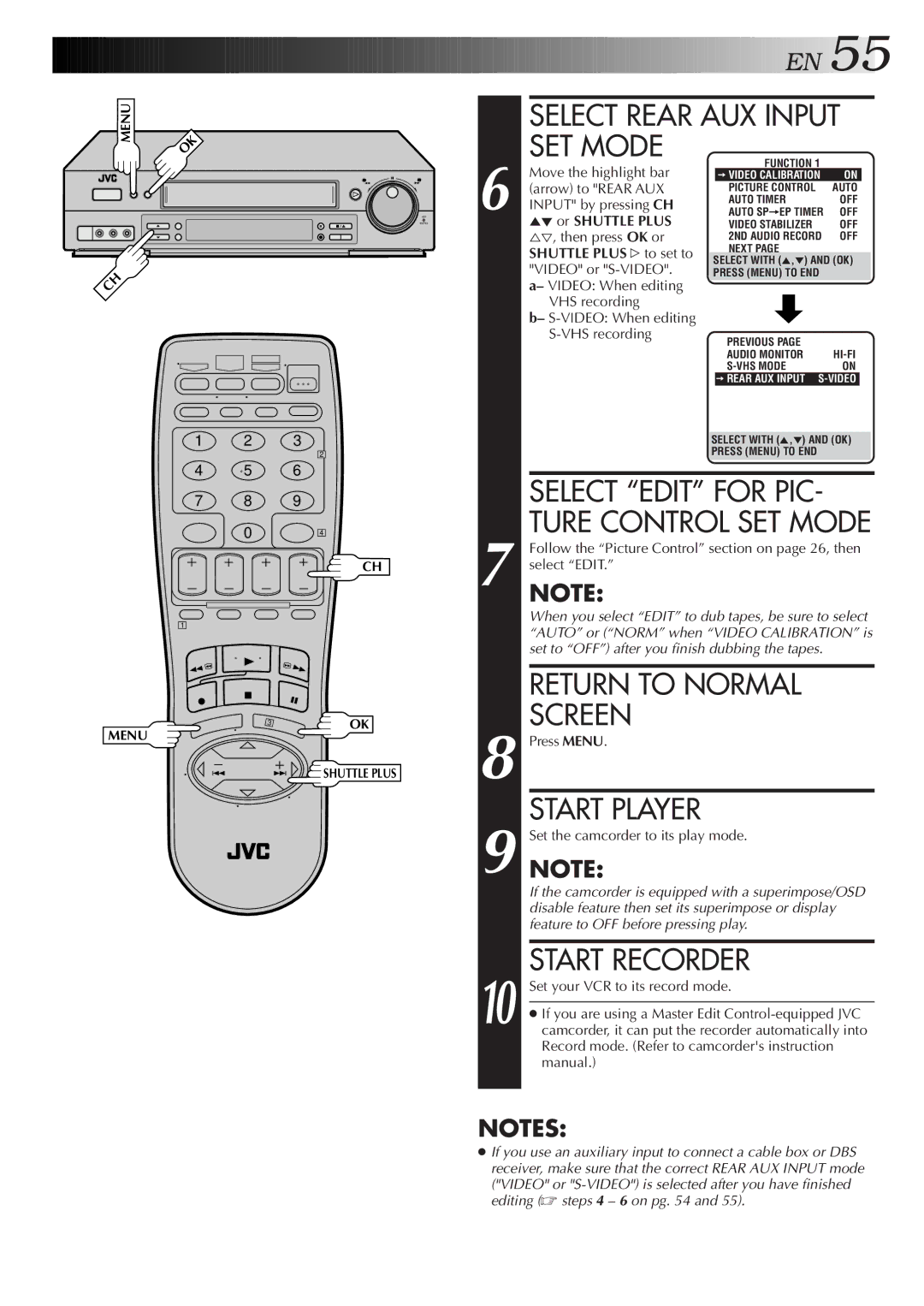 JVC Model SR-TS1U Select Rear AUX Input SET Mode, Set the camcorder to its play mode, Set your VCR to its record mode 